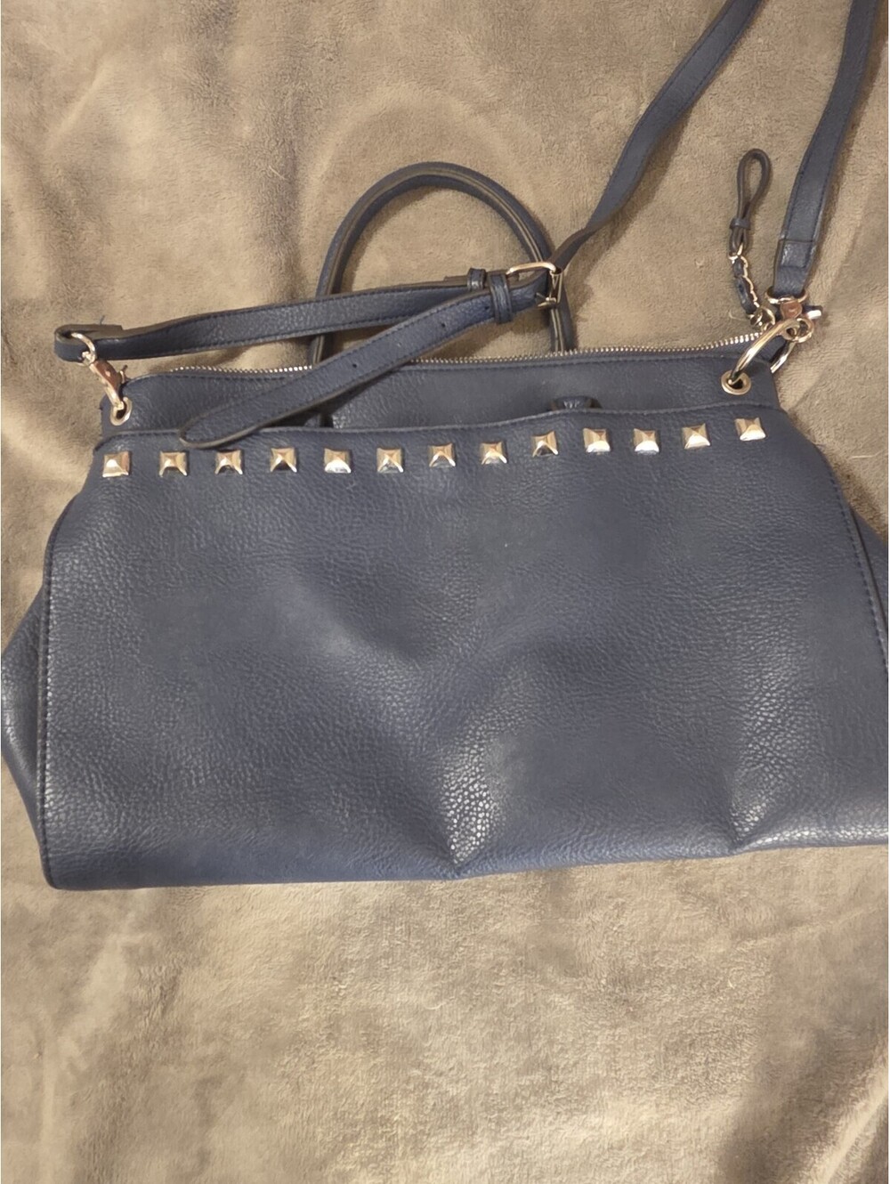 Carlos Navy Blue Studded Zip Top Satchel/Top Handle Bag Floral Inner Pockets